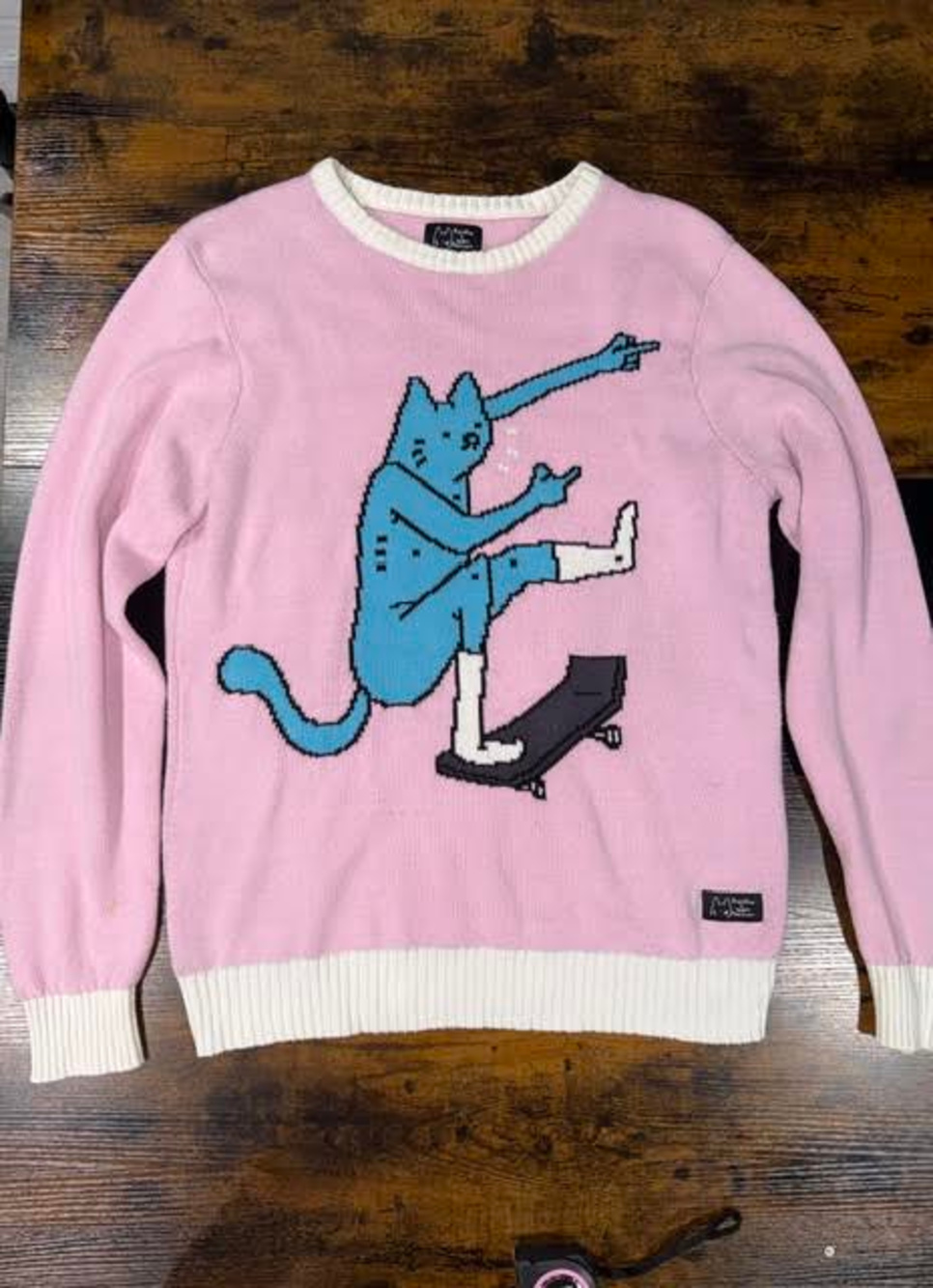 RIPNDIP x Leon Karssen Pink Knit Sweater - Retro 8-Bit Skate Cat Y2K Vibe - Med